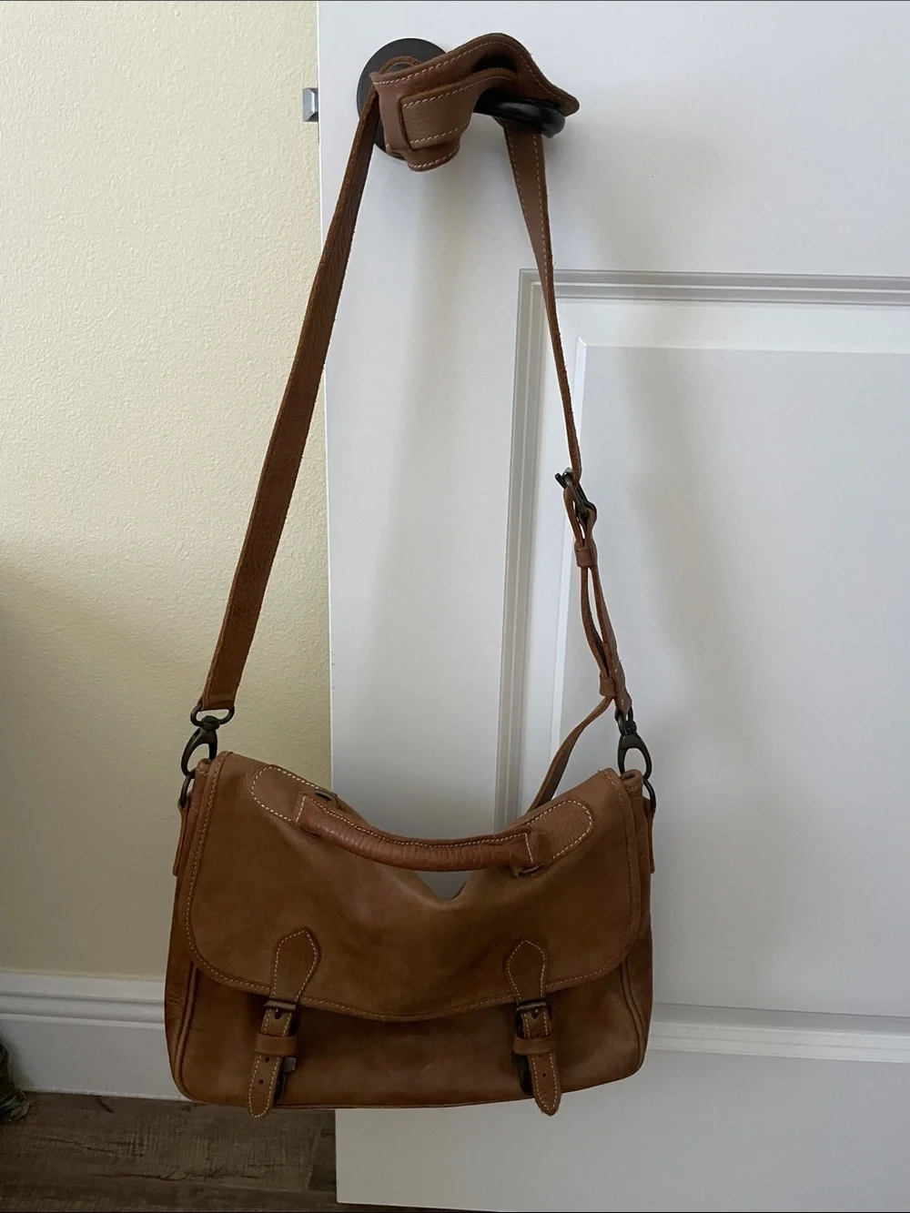 Roots Brown Leather Messenger Bag with Buckle Front